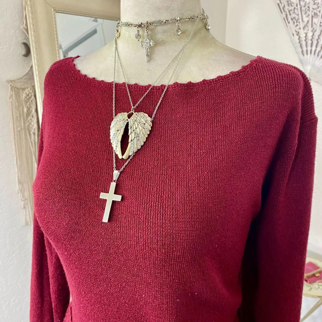 Sag Harbor Vintage Whimsygoth Burgundy Red Front Tie Knit Crochet Sweater S - Image 5