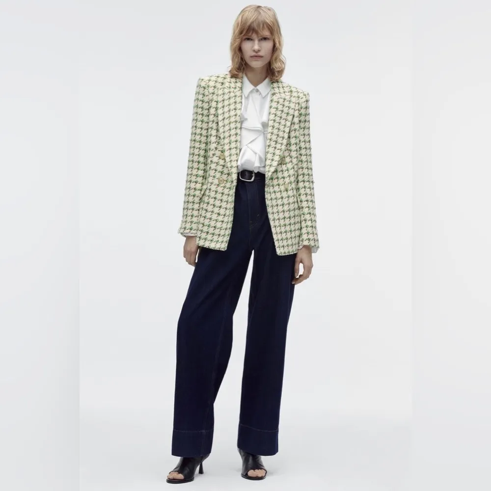 Zara Woman Textured Double-breasted Blazer Flap Pockets Jacket Ecru Green Size S - Image 4