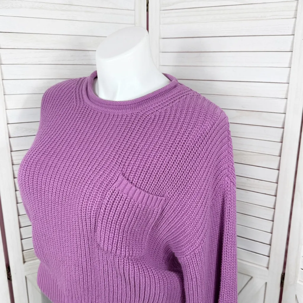 Moon & Madison Ribbed Shaker Knit Rolled Collar Pocket Crop Sweater Purple Large - Image 5
