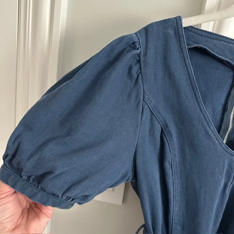 En Saison Puff Sleeve Belted Denim Wide Leg Jumpsuit Medium Blue - Image 4