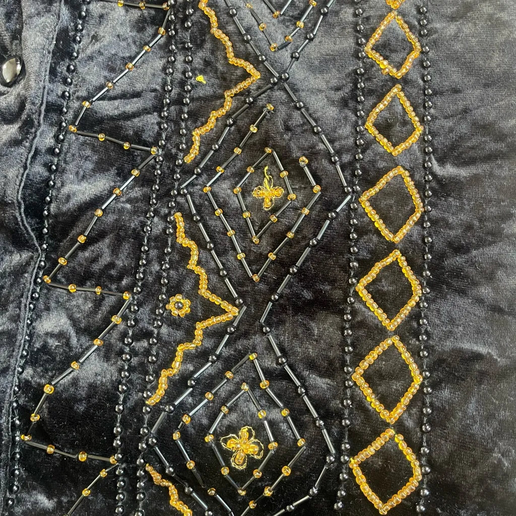 VTG 90s Effeci Black gold Beaded Sequin Open Front Vest Whimsigoth Boho Medium - Image 3