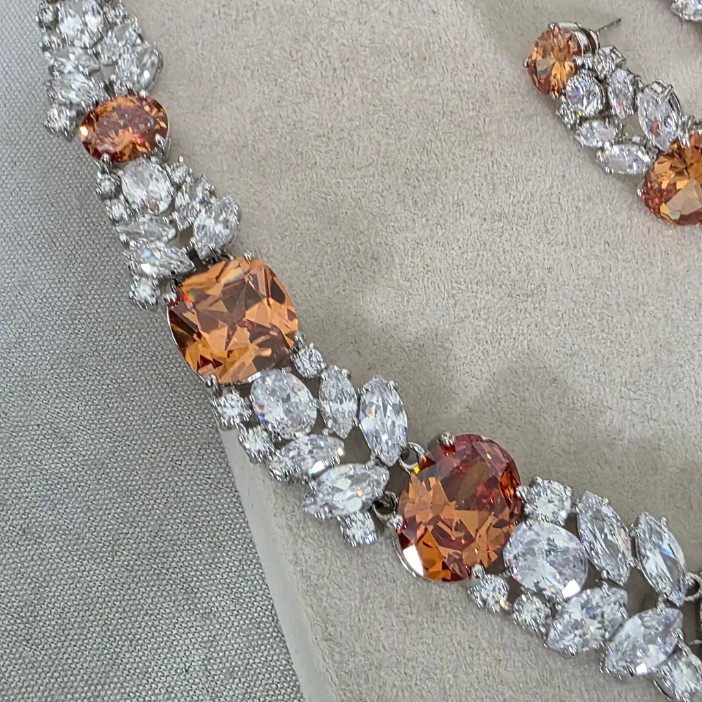Silver Rhodium with Orange And Clear Zirconia Neckalce and Earrings Set - Image 5