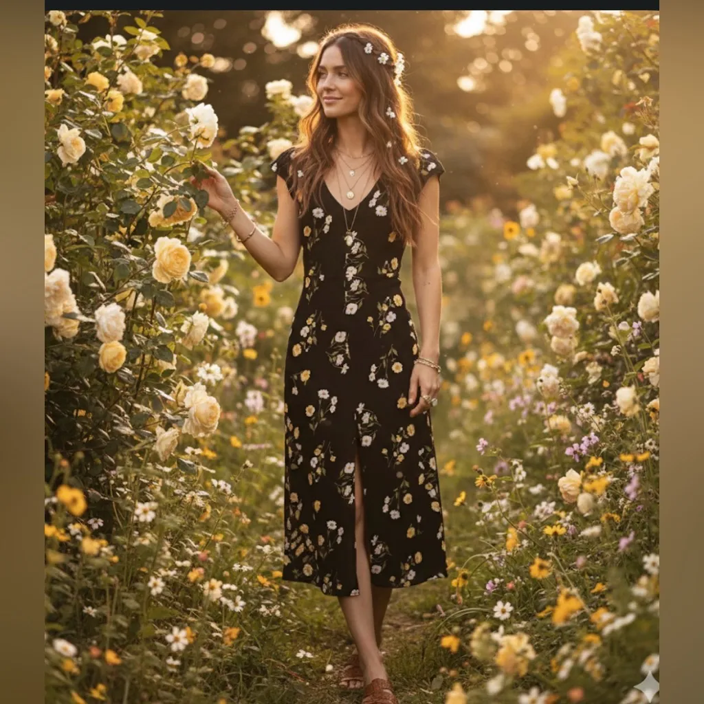 REFORMATION Black Floral Print WELLFLEET V-Neck Cutout Back Midi Dress - Image 3