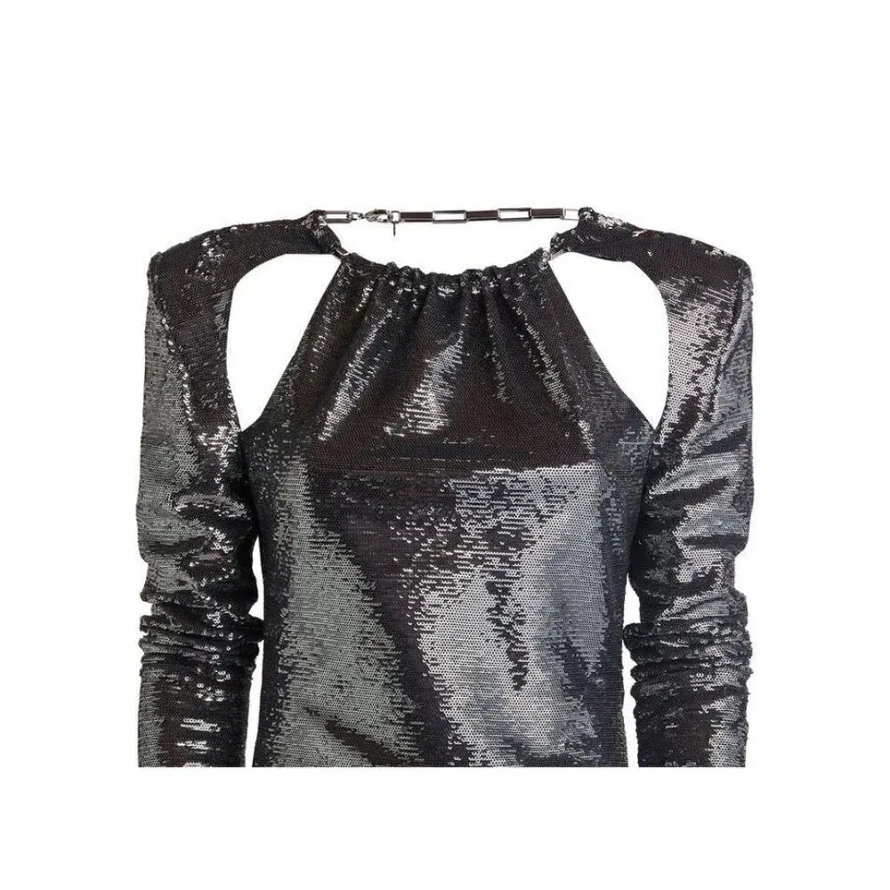 THE ATTICO Sequin Cut Out Chain Neck Gown in Black 42 4 - Image 12