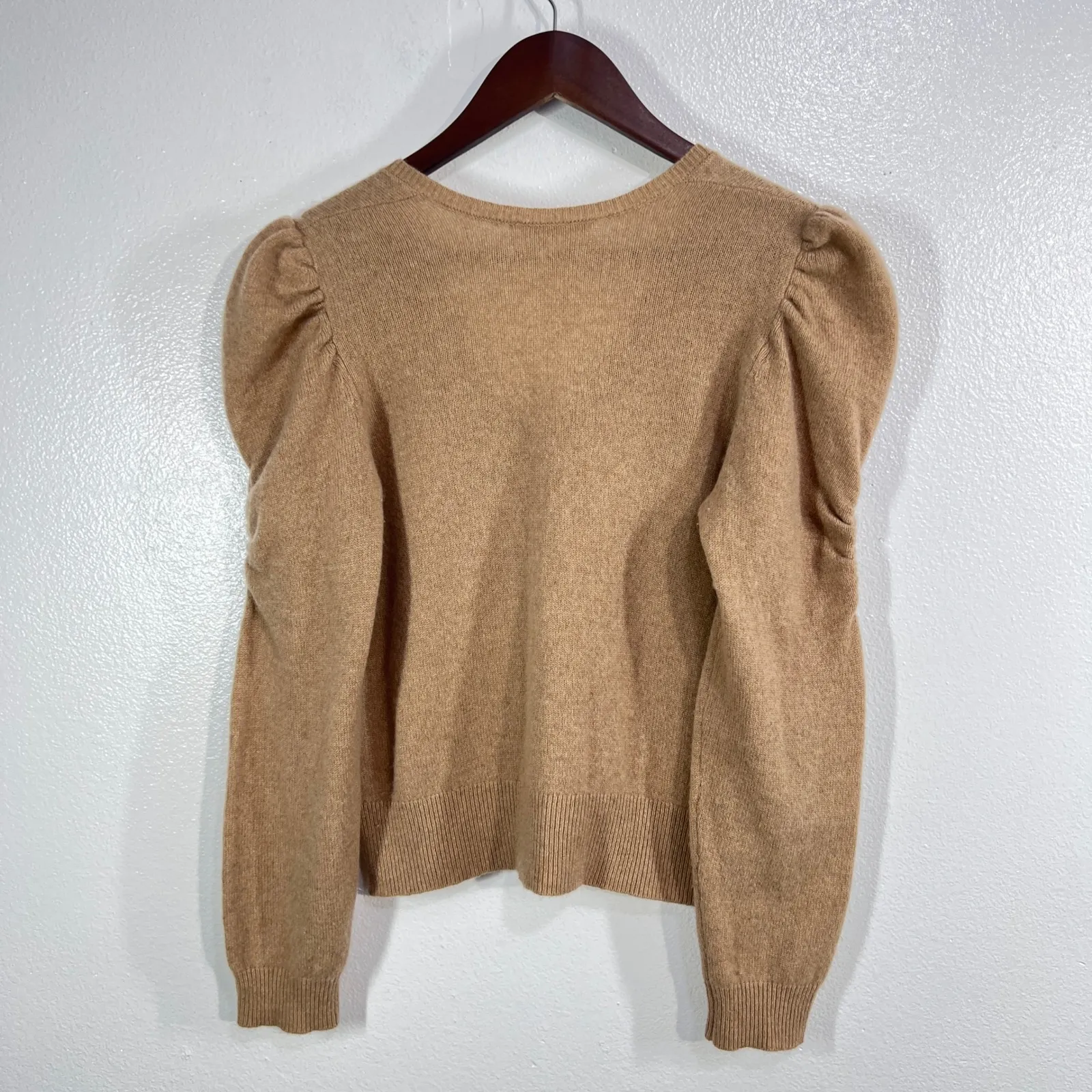 FRAME Cashmere Puff Sleeve V Neck Sweater Top "Caff Au Lait" Size Small Preppy - Image 3