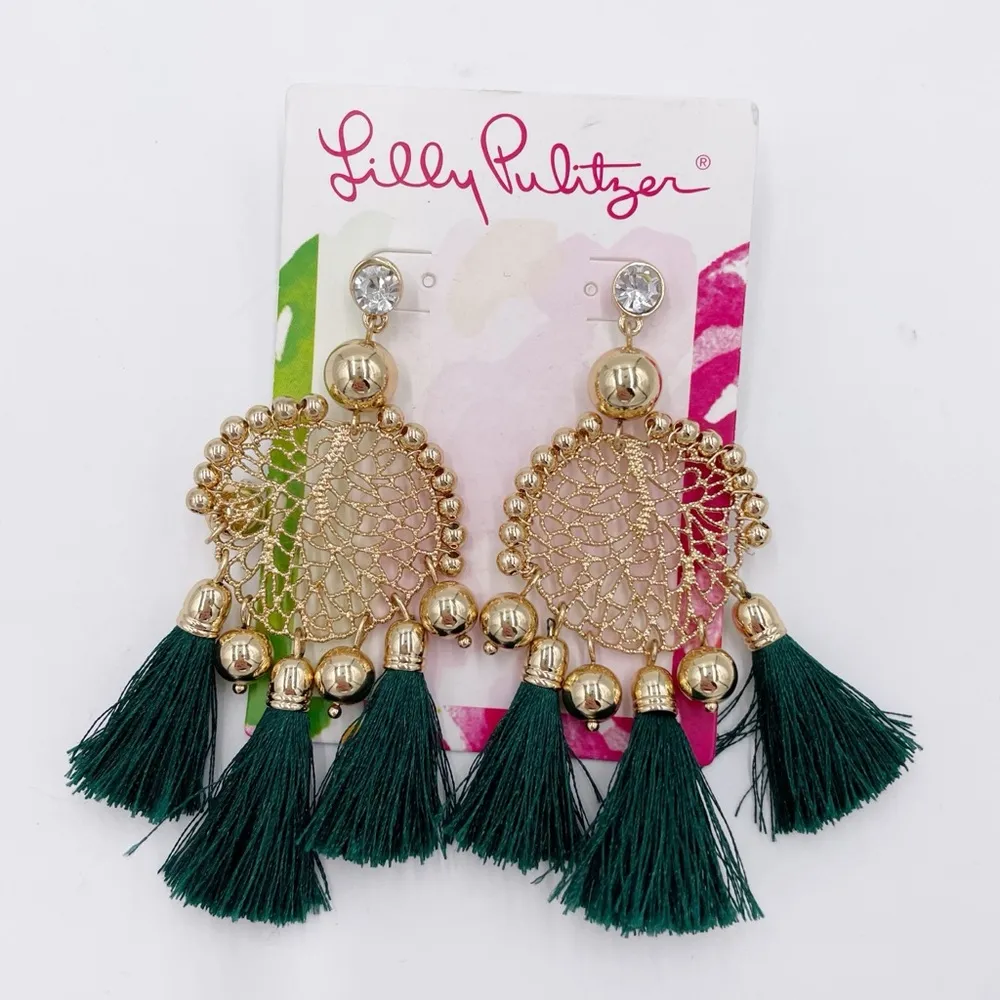 NEW Lilly Pulitzer Sea Dreamer Earrings in Evergreen Gold Tassels Boho Preppy - Image 3