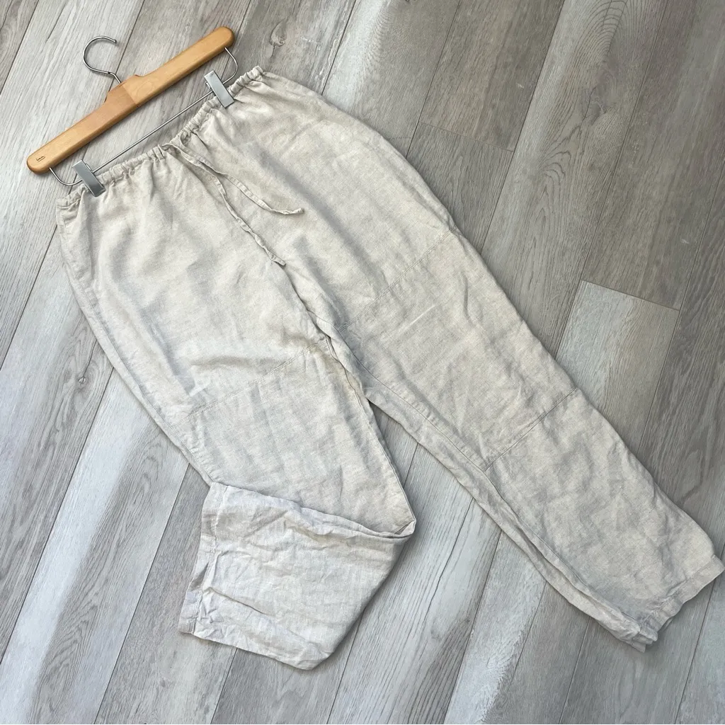 Linen Pullon Pants straight leg womens Beige (small) minimalist natural classic - Image 1
