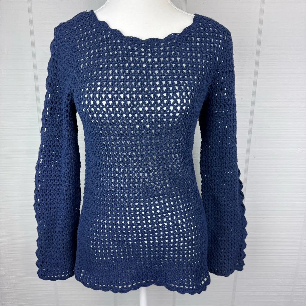 Westport Navy Blue Open Knit Sweater Long Sleeve Diamond Cutouts Scalloped Hem - Image 2