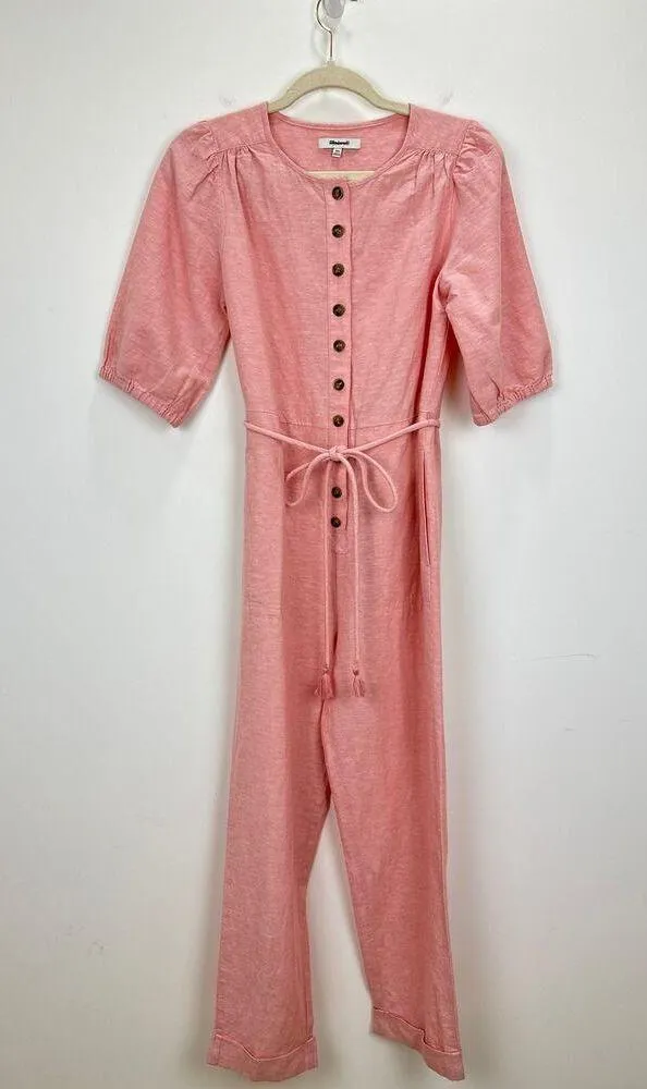 NEW Madewell Linen Blend Puff Sleeve Tassel Tie Jumpsuit Relaxed Fit Pink XXS - Image 4