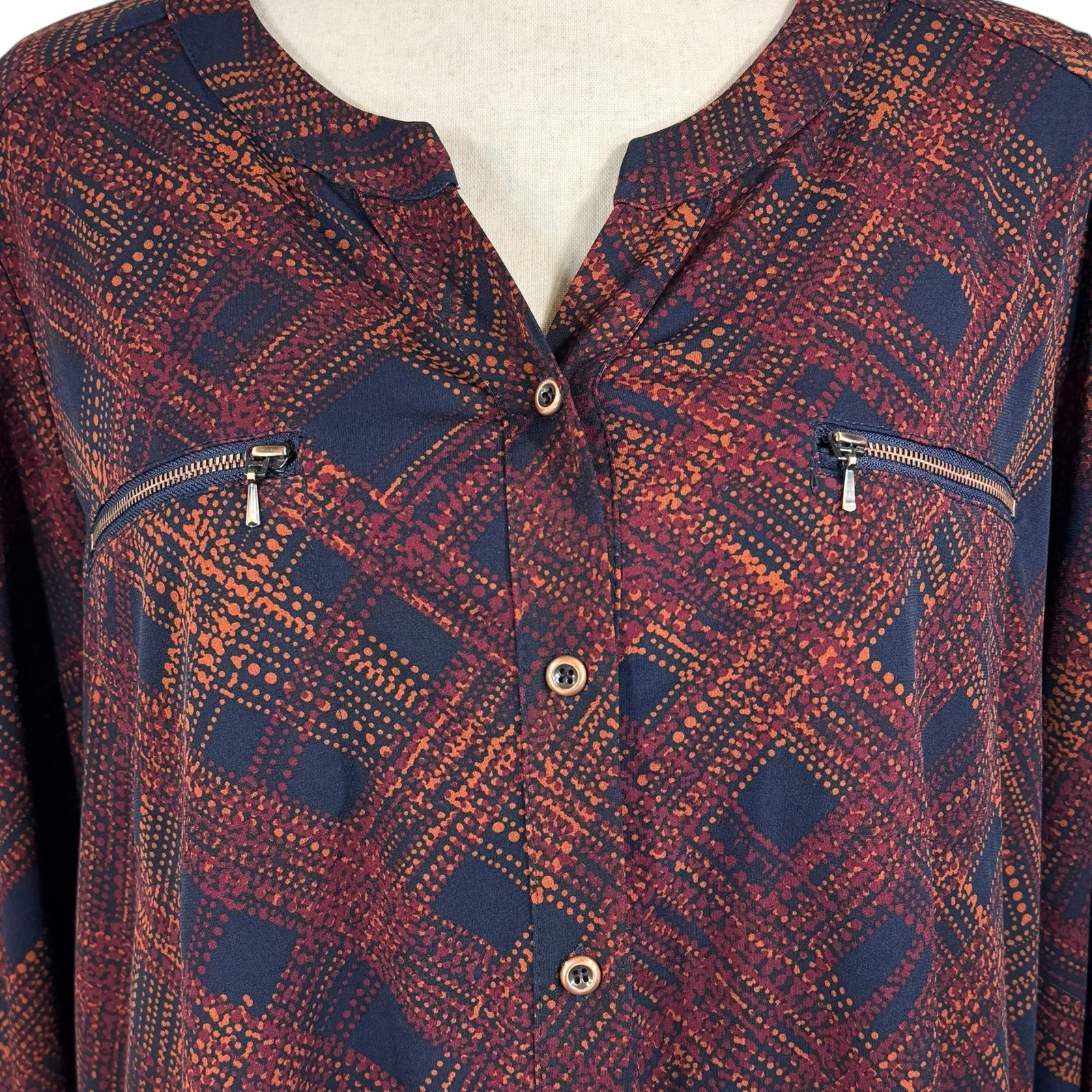 Susan Graver X-Large Top Button-Up V-Neck Stretch Long Sleeve Zip Pockets Slits - Image 2