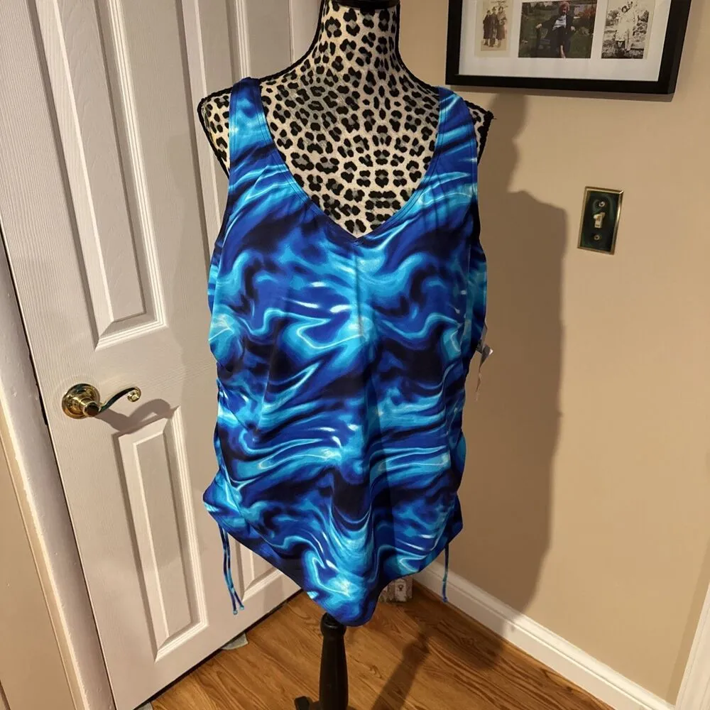 Lands End 24W Adjustable Swimsuit Tankini Top Underwire Blue Swirl Ruched New - Image 6