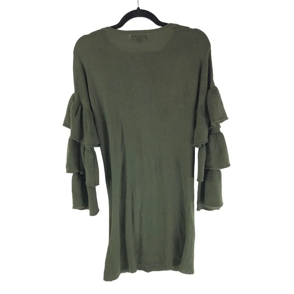 Tahari Arthur S Levine Sweater Shift Dress Ruffle Long Sleeve Thin Knit Green 6 - Image 2