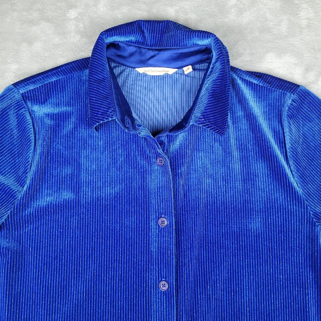 Soft Surroundings Women's Textured Velvet Boyfriend Shirt Sapphire Blue Size M - Image 4