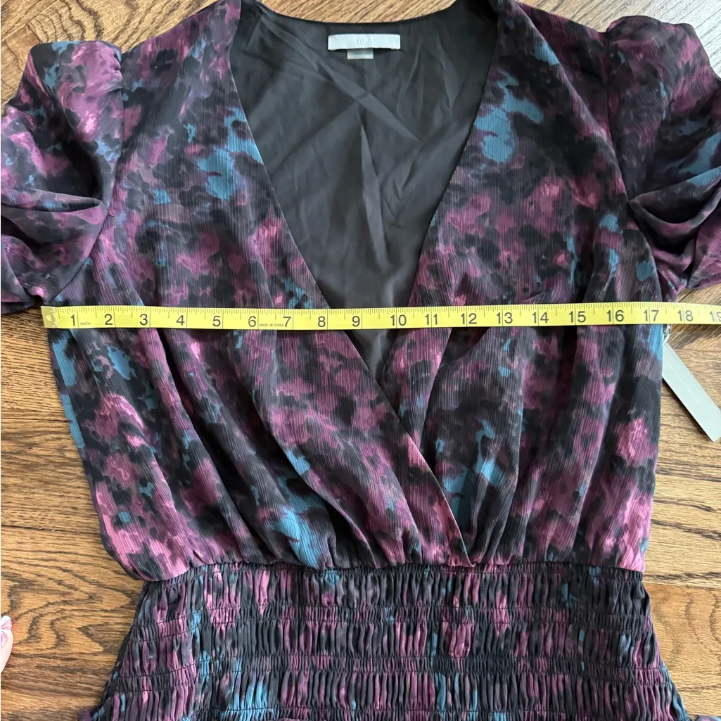 NWT Tart Leighton Georgette Mini Dress Ruffle smocked waist puff sleeve M Vneck Purple Size M - Image 5
