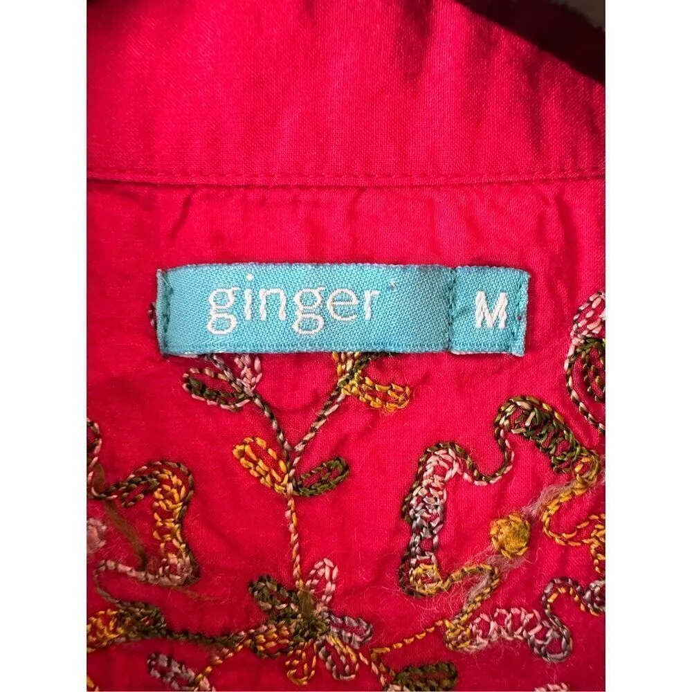 Ginger Red Embroidered Sleeveless Mini Dress Button Down Size Medium - Image 3