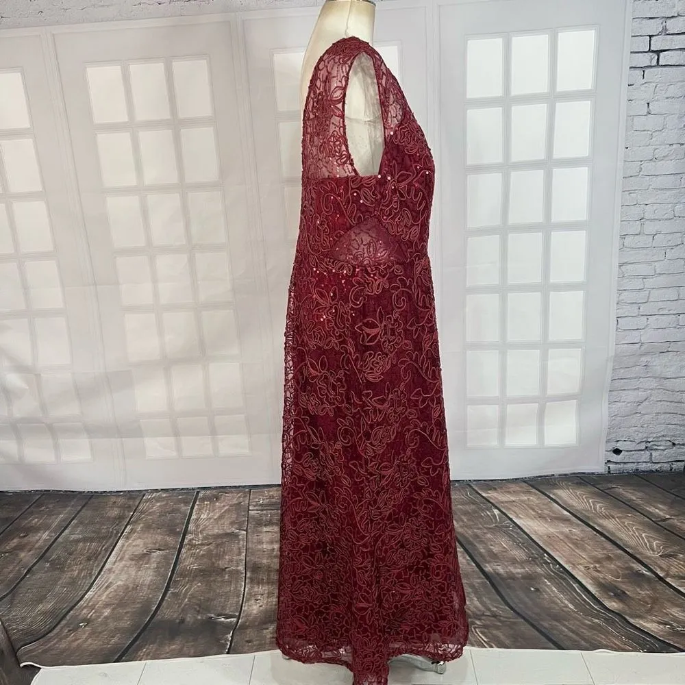 Slny sleeveless maroon red embroidered sequined lace gown size 16 - Image 5