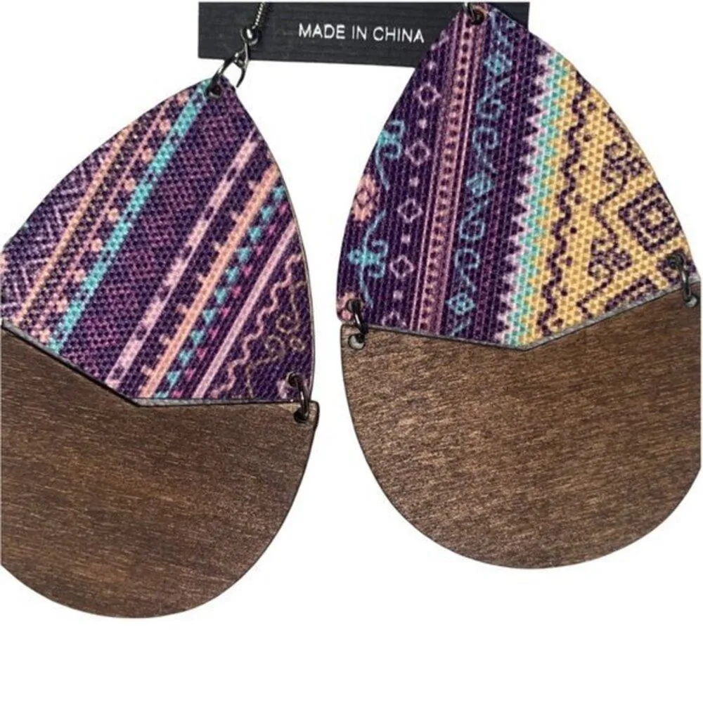 New NWT Wooden Fabric Covered Boho Aztec Dangle Earrings Purple Yellow - Image 3