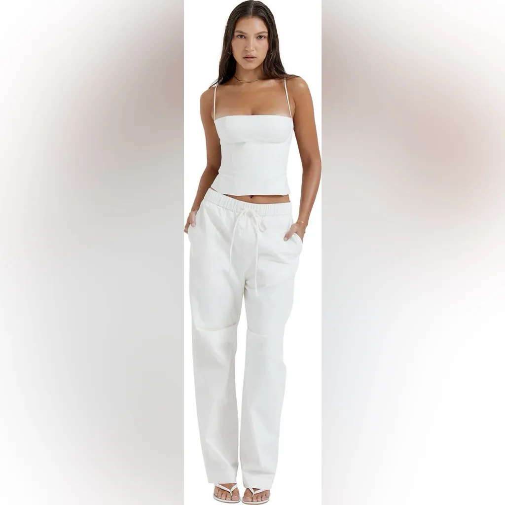 House of CB Luna Drawstring Casual Straight Leg Pants in White S - Image 3