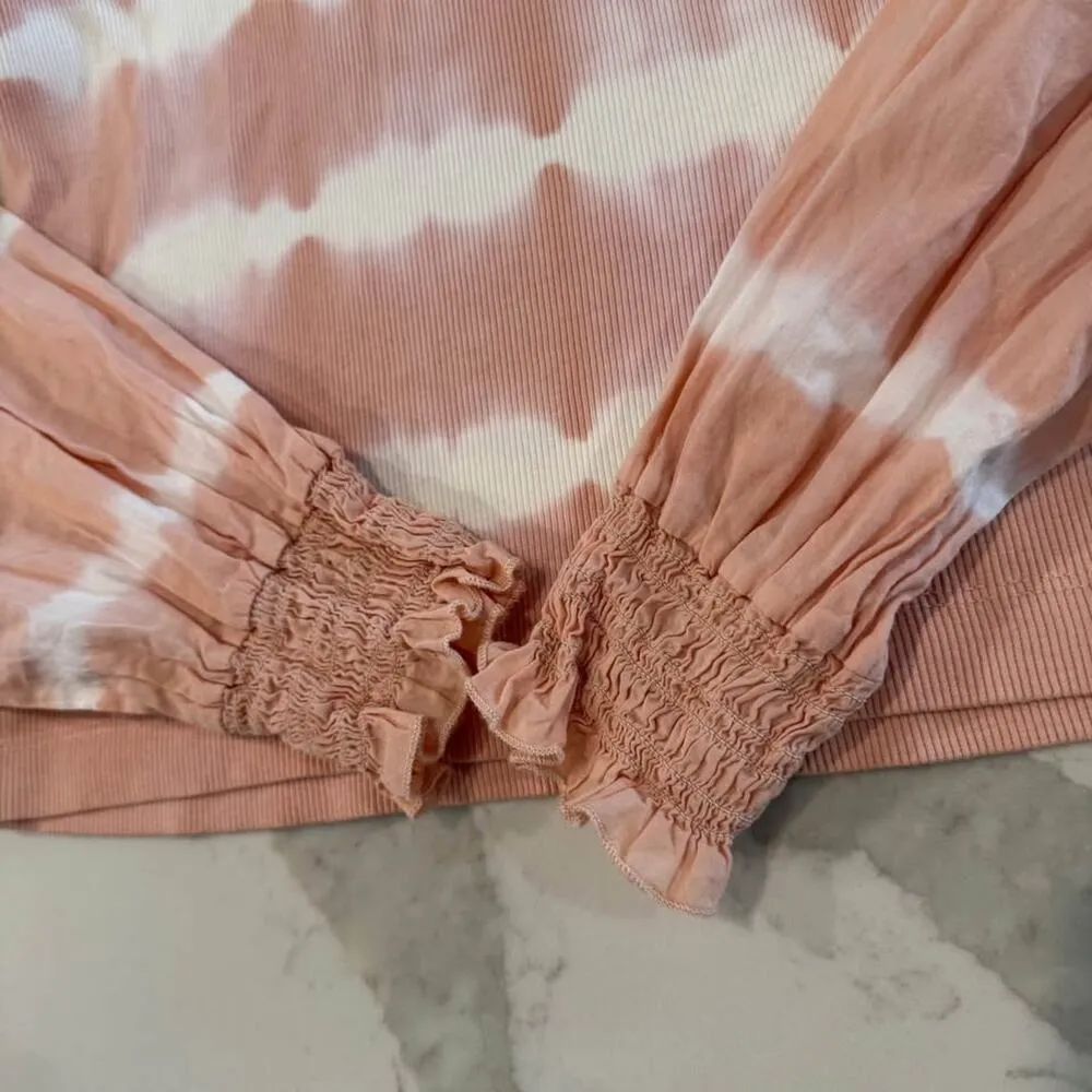 DKNY Long Sleeve Pink Tie-Dye Ribbed Top Women's Small Scoop Neck Smocked Cuffs - Image 3