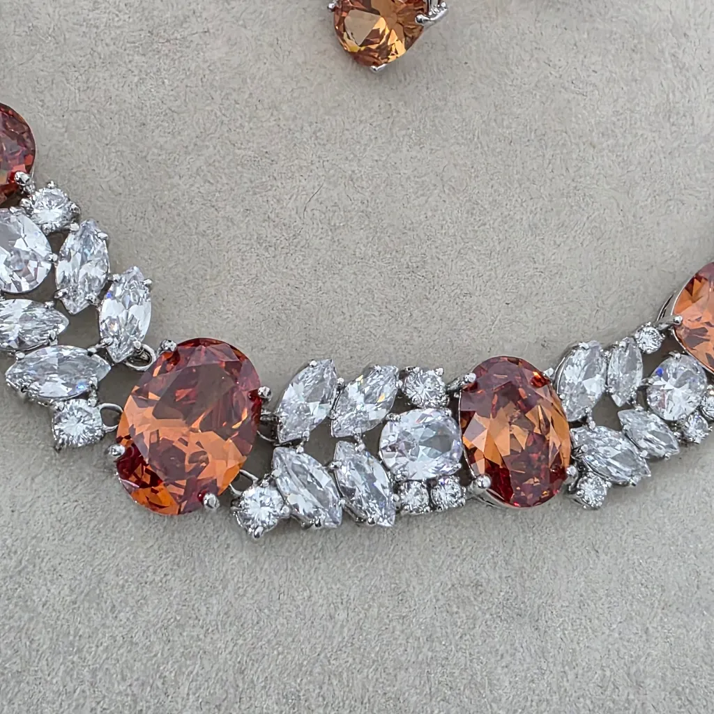 Silver Rhodium with Orange And Clear Zirconia Neckalce and Earrings Set - Image 6