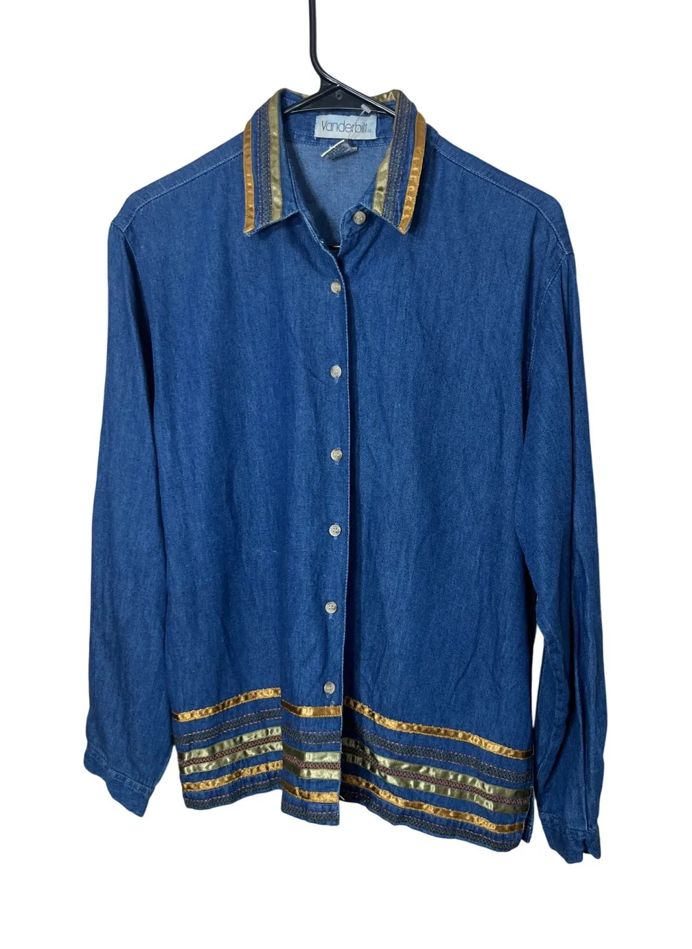 Vanderbilt Women's Denim Button Down Shirt Long Sleeve Gold Trim Medium - Image 1