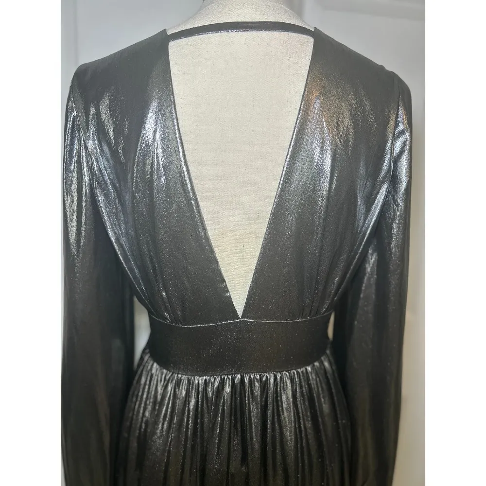 NWT Gianni Bini‎ Zella Metallic Lame Long Sleeve Maxi Dress Deep V Back Size 4 - Image 3