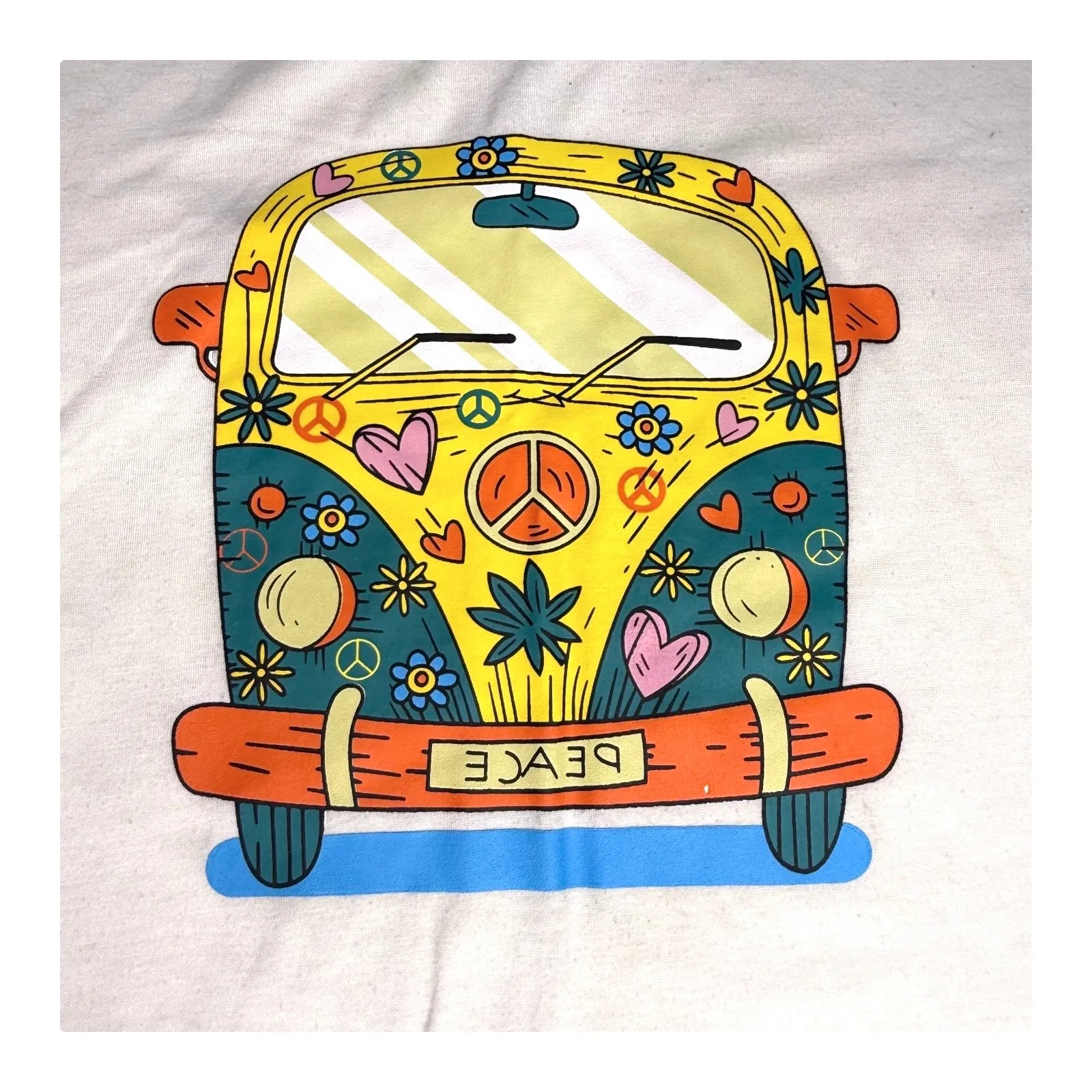 Misslook Peace Hippie Van Beach Bus GRAPHIC TEE Women's MED White V - Image 2