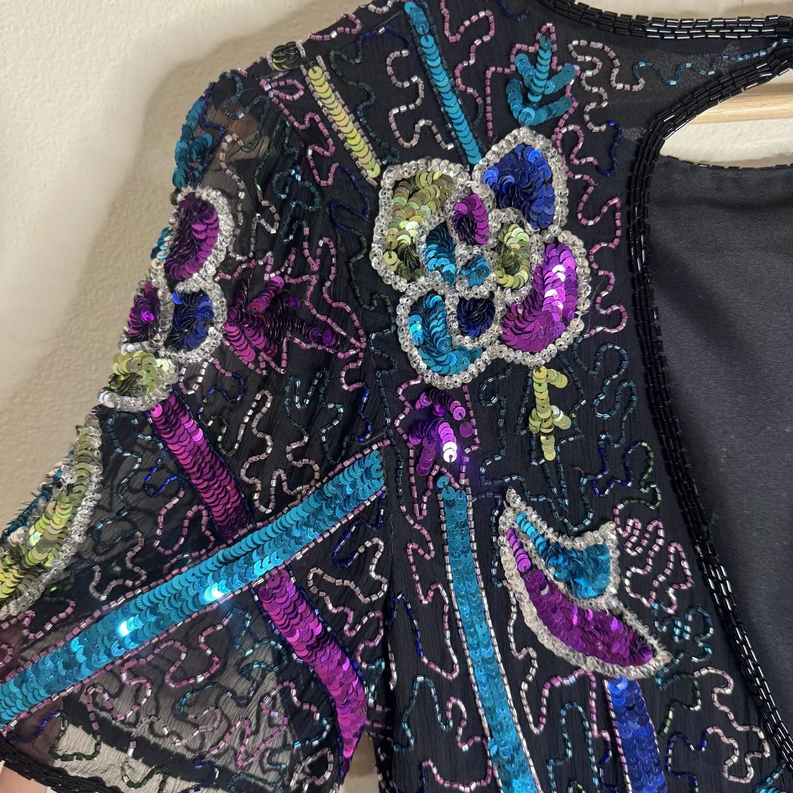 Vintage Swee Lo Dress Womens Small Black Sequin Beaded Cocktail Short Sleeve 90s - Image 11