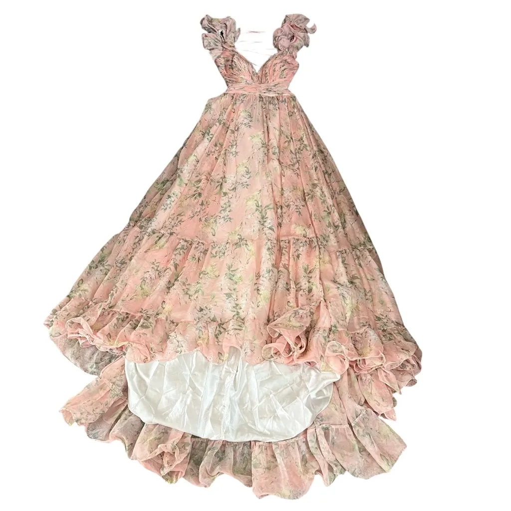 Mac Duggal Women’s Pink Combo Ruffle Cutout Floral Maxi Dress Ball Gown Size 14 - Image 11