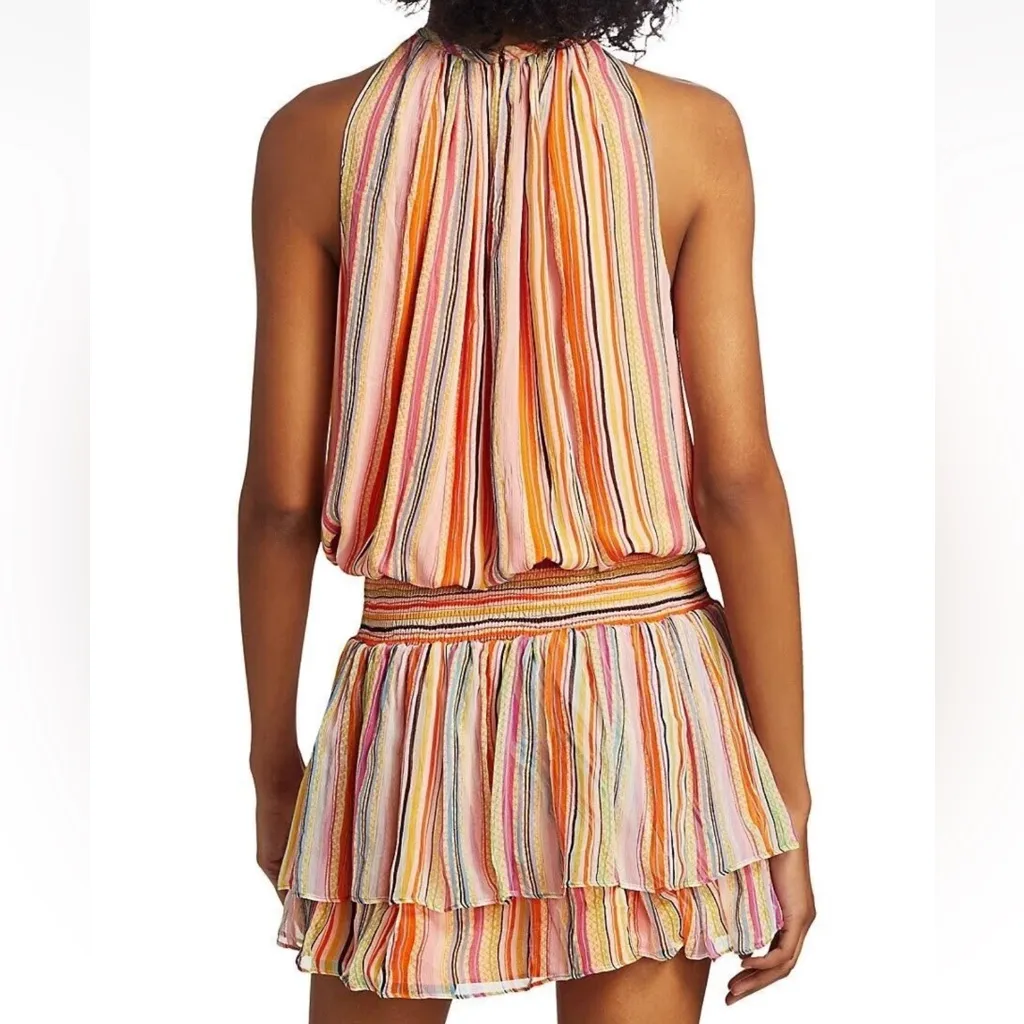 Ramy Brook Tobie Striped Smocked Waist Sleeveless Orange Silk Mini Dress - Image 2