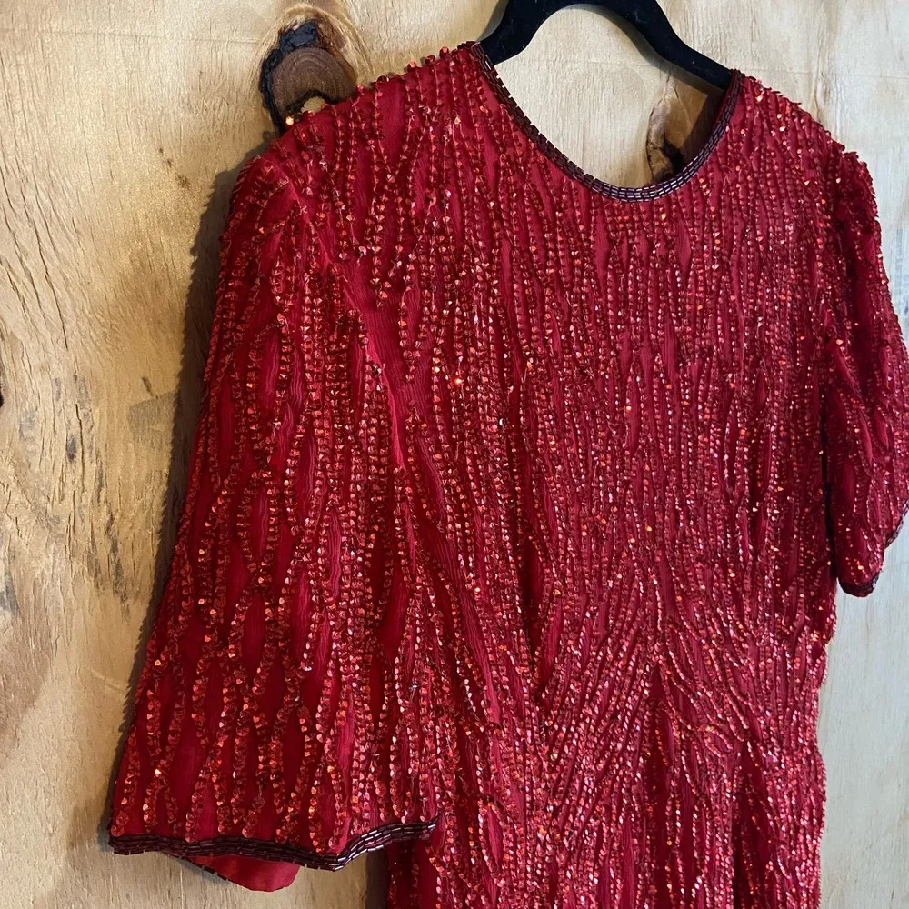 Vintage Stenay 80s Red Silk Beaded Sequined Formal Cocktail Dress Sz L Size L - Image 7