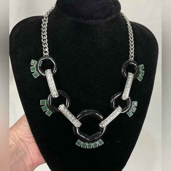Banana Republic Statement Necklace Enamel Black Rings Green Stones Rhinestones - Image 4