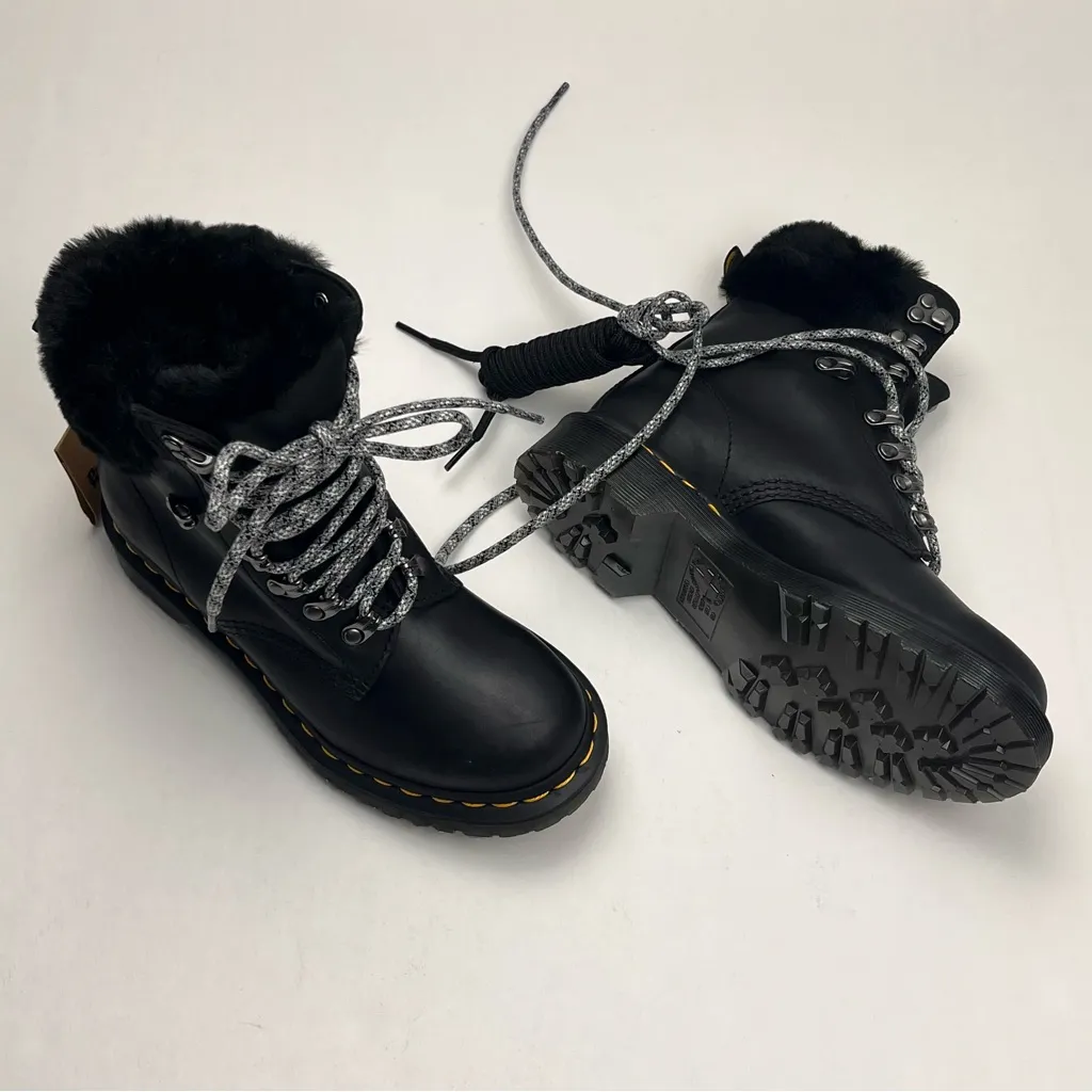 Dr. Martens 1460 Serena Collar Combat Boot Black Leather Faux Fur Trim SZ‎ 5 NEW - Image 6