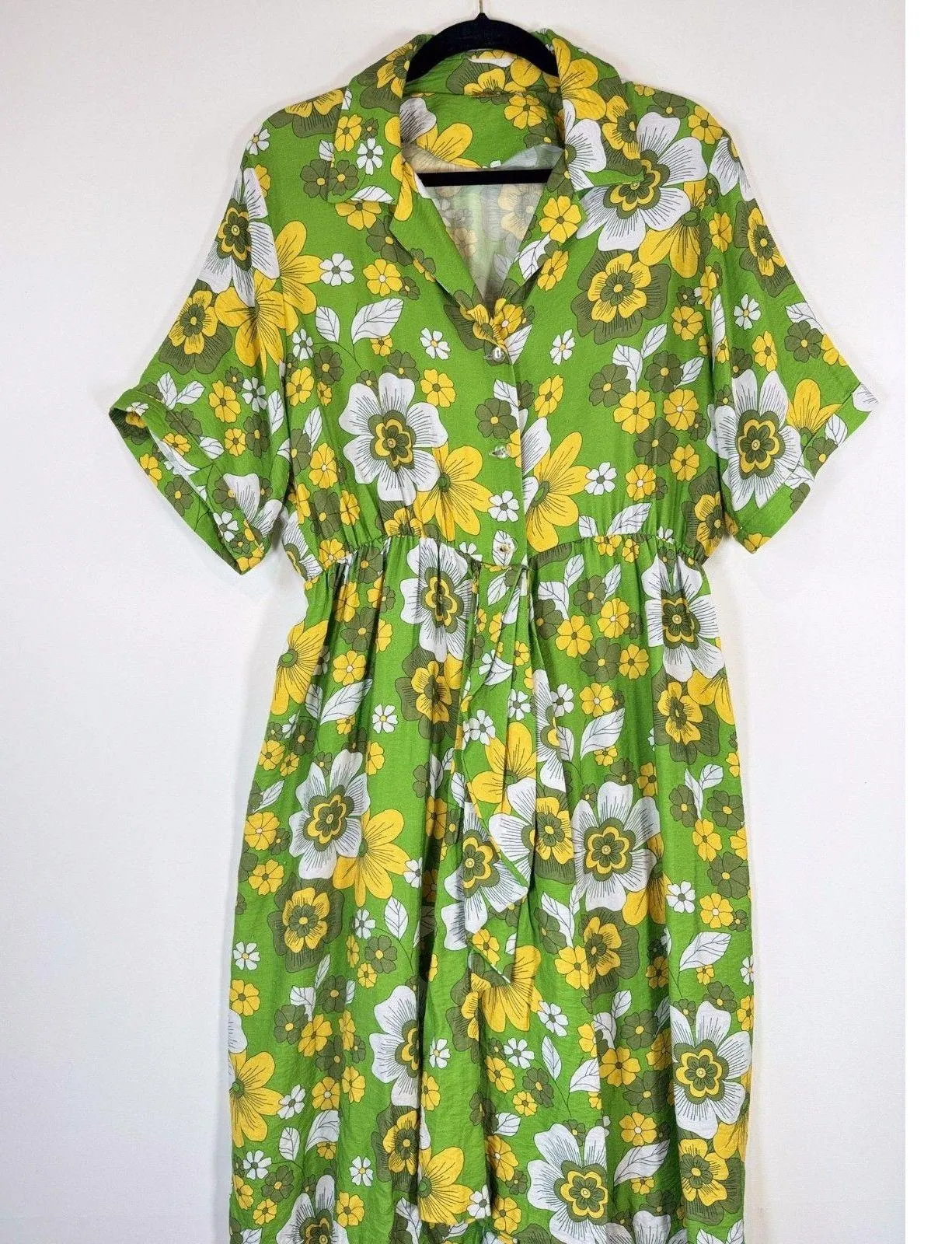 Dodo Bar Or Dress Green Midi Floral Shirtdress Short Sleeve Boho Hawaiian Large - Image 4