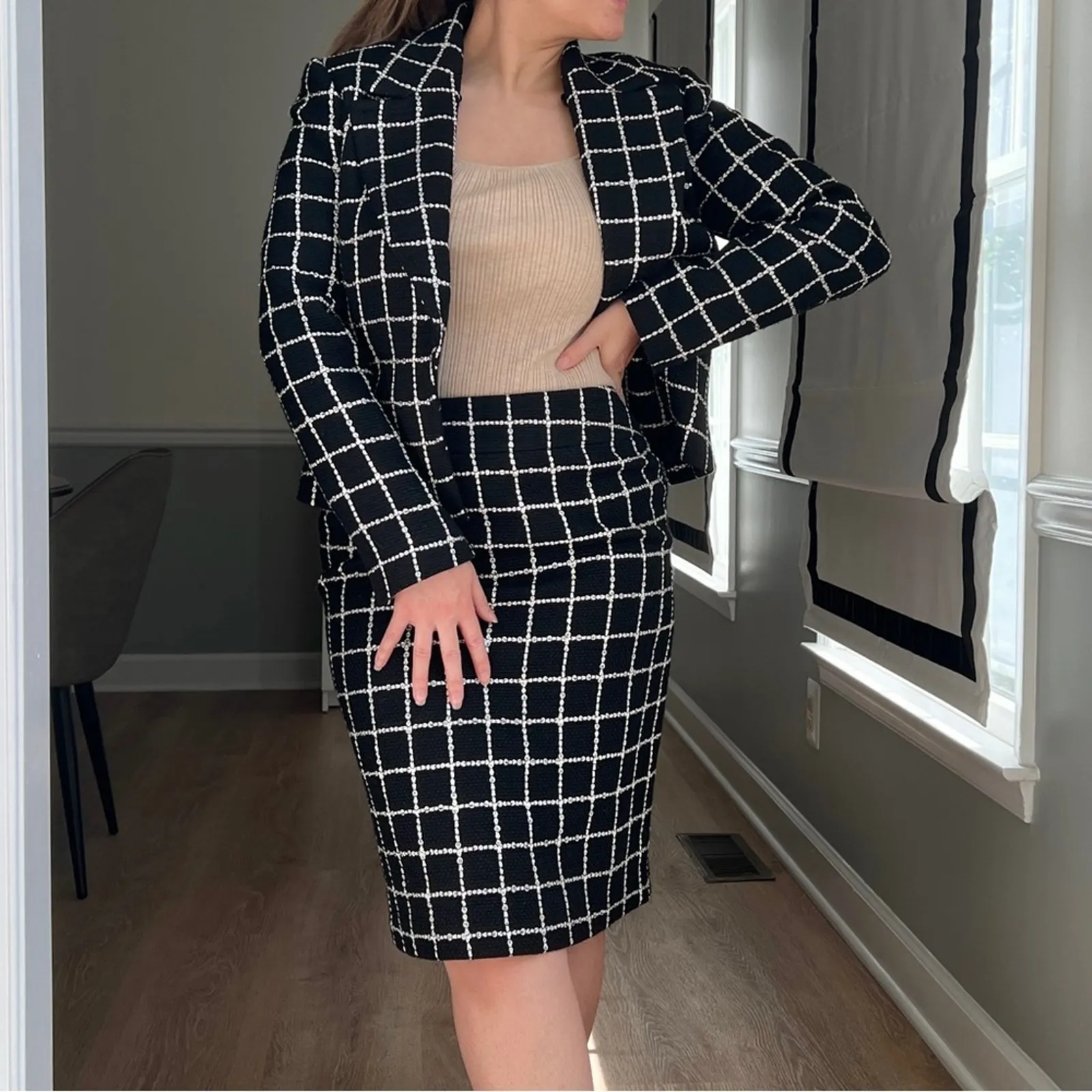 Nine West Tweed Black White Plaid Jacket and Skirt Set 6/8 Faux Fur - Image 3