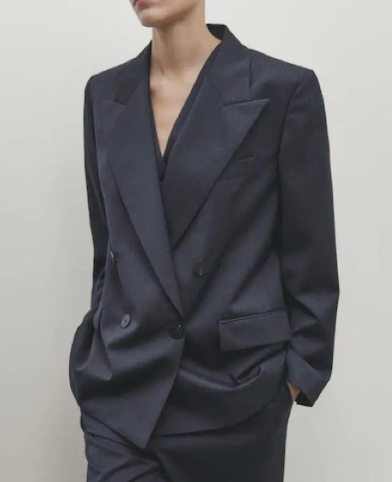 Massimo Dutti  Pinstripe Wool-Blend Double-Breasted Blazer Navy Size 4 NWT - Image 5