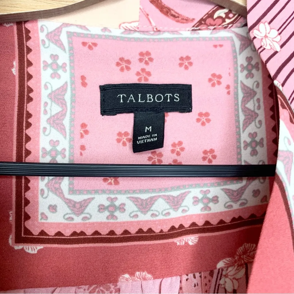 Talbots Pink Floral Patchwork Tie Neck Button Up Blouse Size M - Image 8