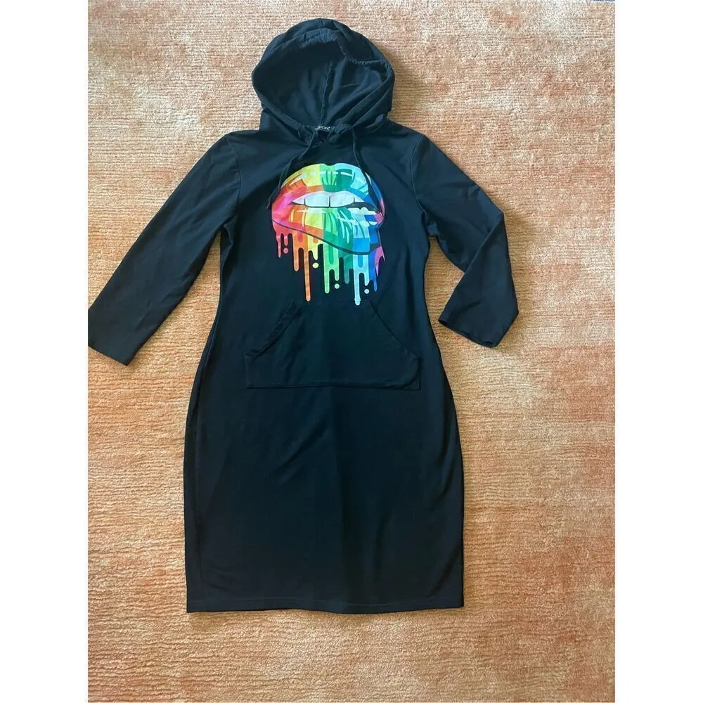 MAGICMK Women Long Sleeve Print Lips Slim Fitted Knee Length Sweatshirt with Poc Black Size M - Image 2