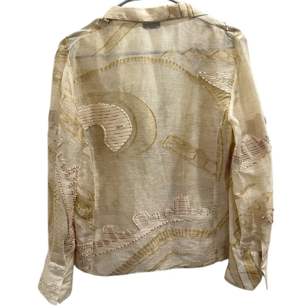 Akris Sheer Linen Silk Cotton Embroidered Abstract Boho Blouse Beige Gold Size 8 - Image 3