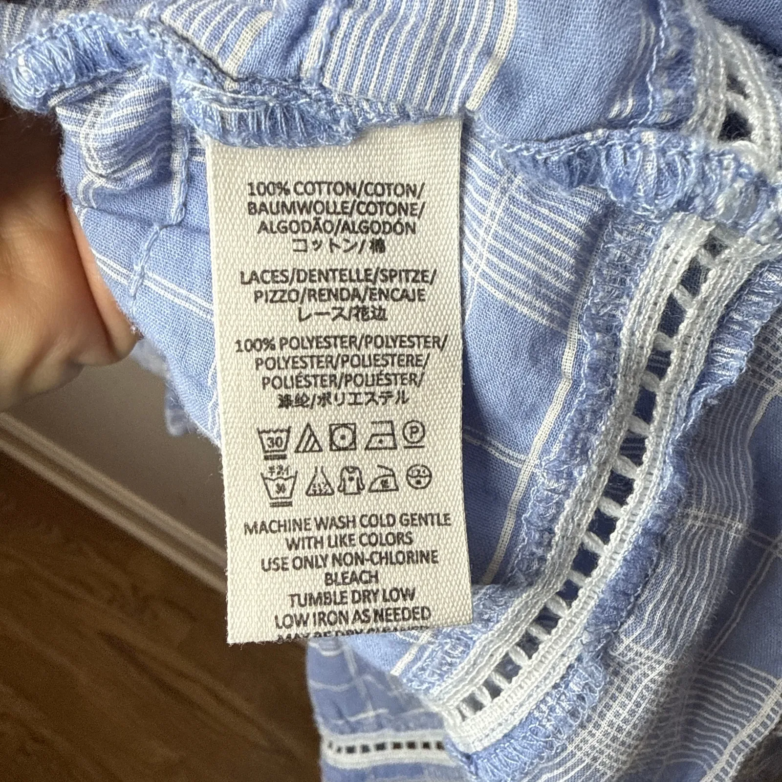 Free People‎ Time Out Top Crochet Plaid Babydoll Tunic Medium Blue White Boho - Image 9