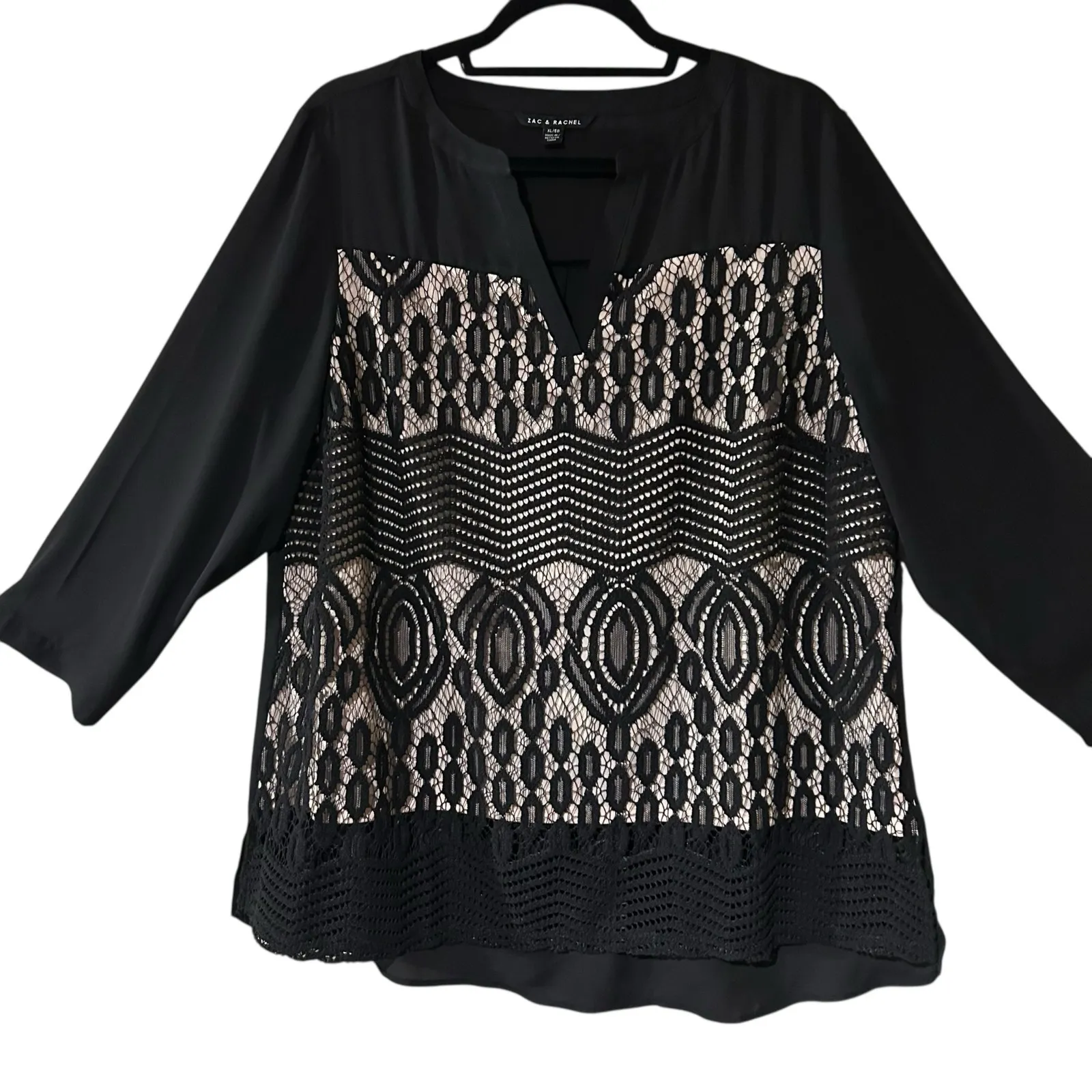 Zac & Rachel Lace Over Front Top Size XL Black Cream Boho Semi Sheer Feminine - Image 2