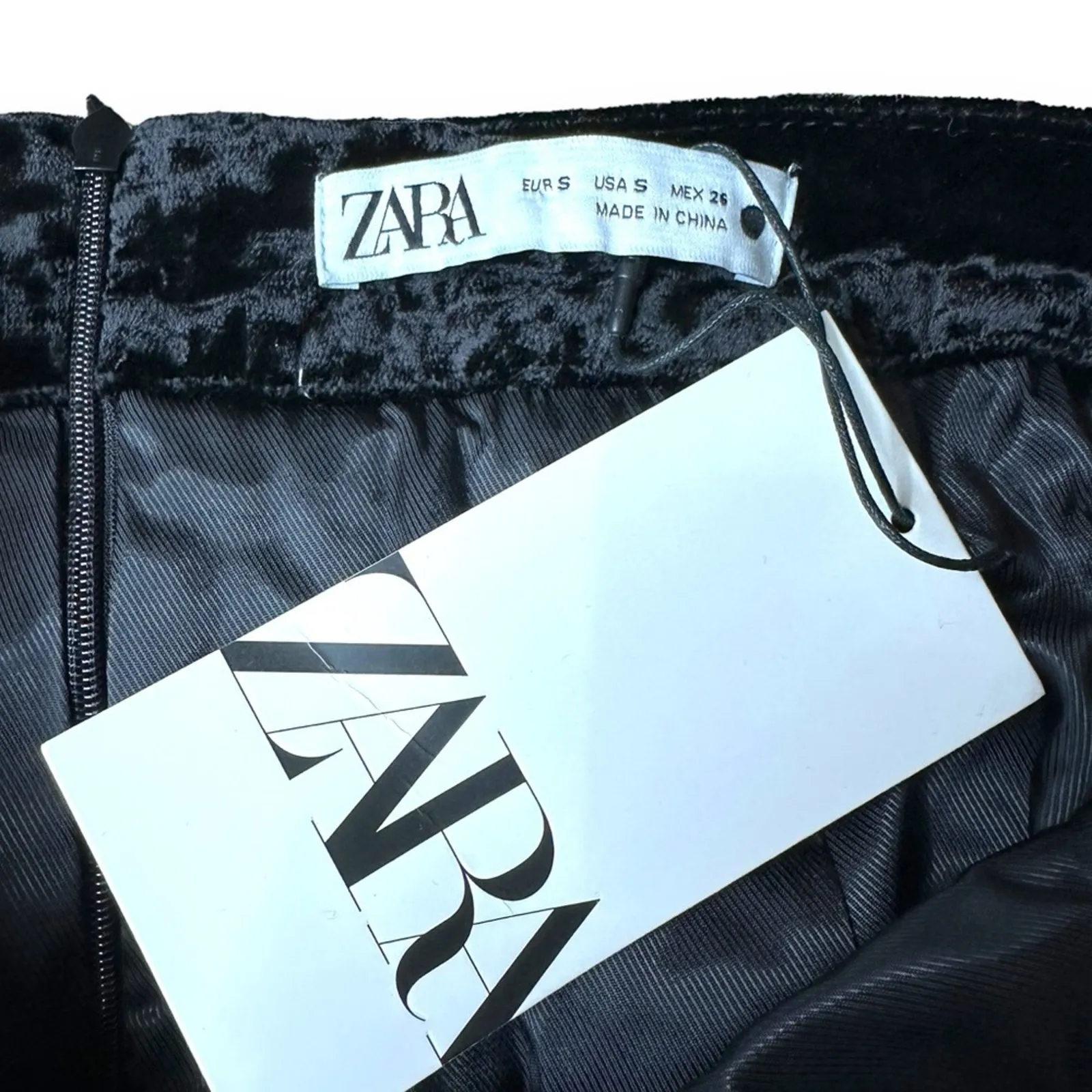 Zara Black Ruched Ruffle Crushed‎ Velvet Asymmetrical Mini Skirt Size S NEW - Image 4