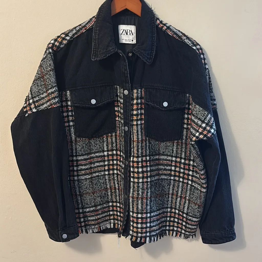 Zara Black and Plaid Jean Jacket - Image 2