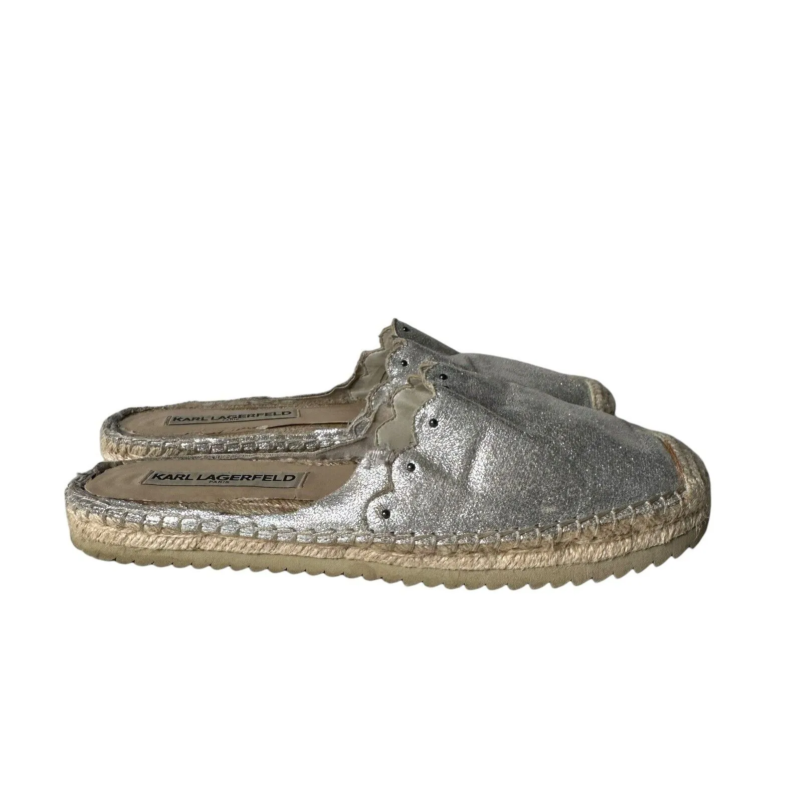 Karl Lagerfeld Metallic Silver Espadrille Slides Slip on Shoes Women Size‎ 7.5 - Image 6