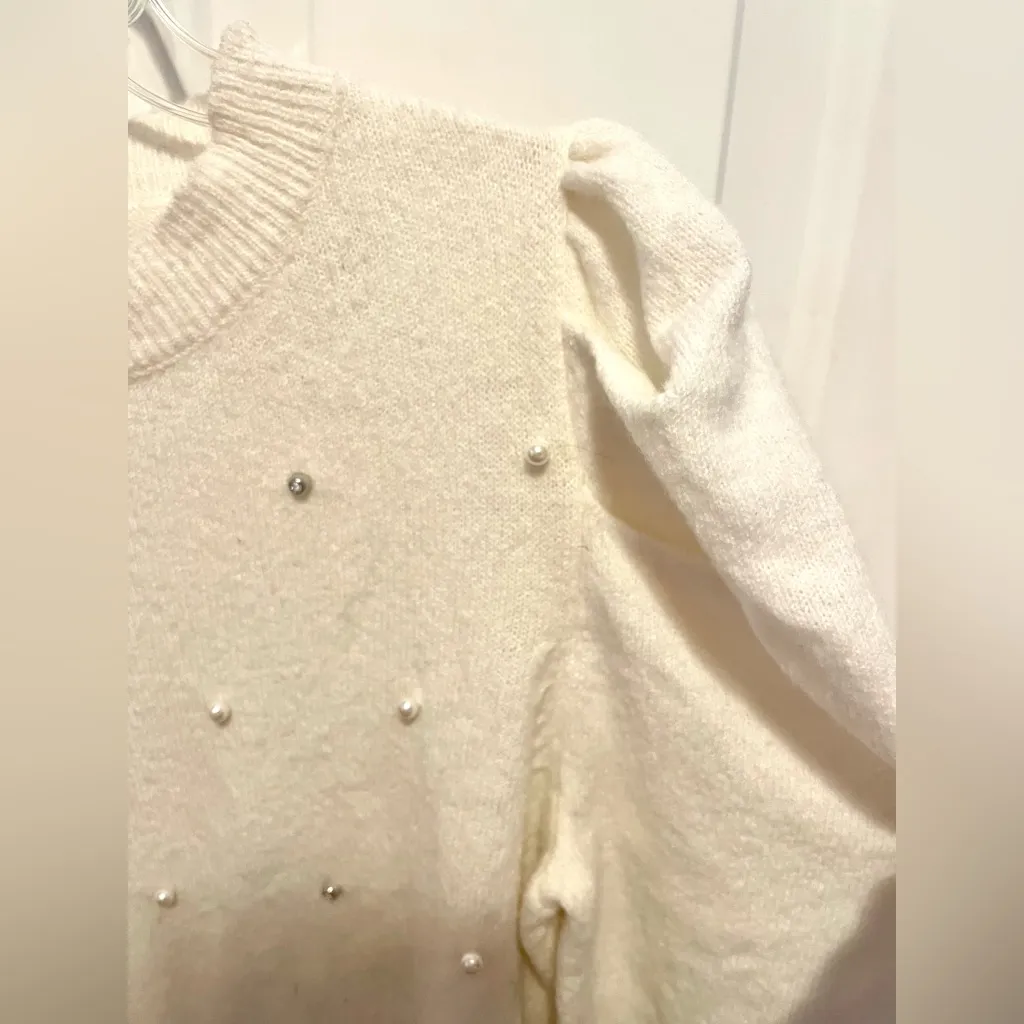 Ivory pearl and rhinestone embellished puff sleeve sweater - Image 2