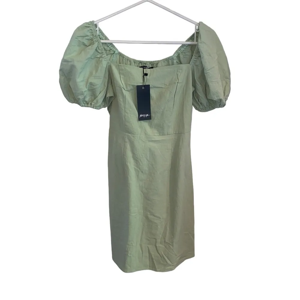 nasty gal sage green puff sleeve linen look mini dress - Image 3