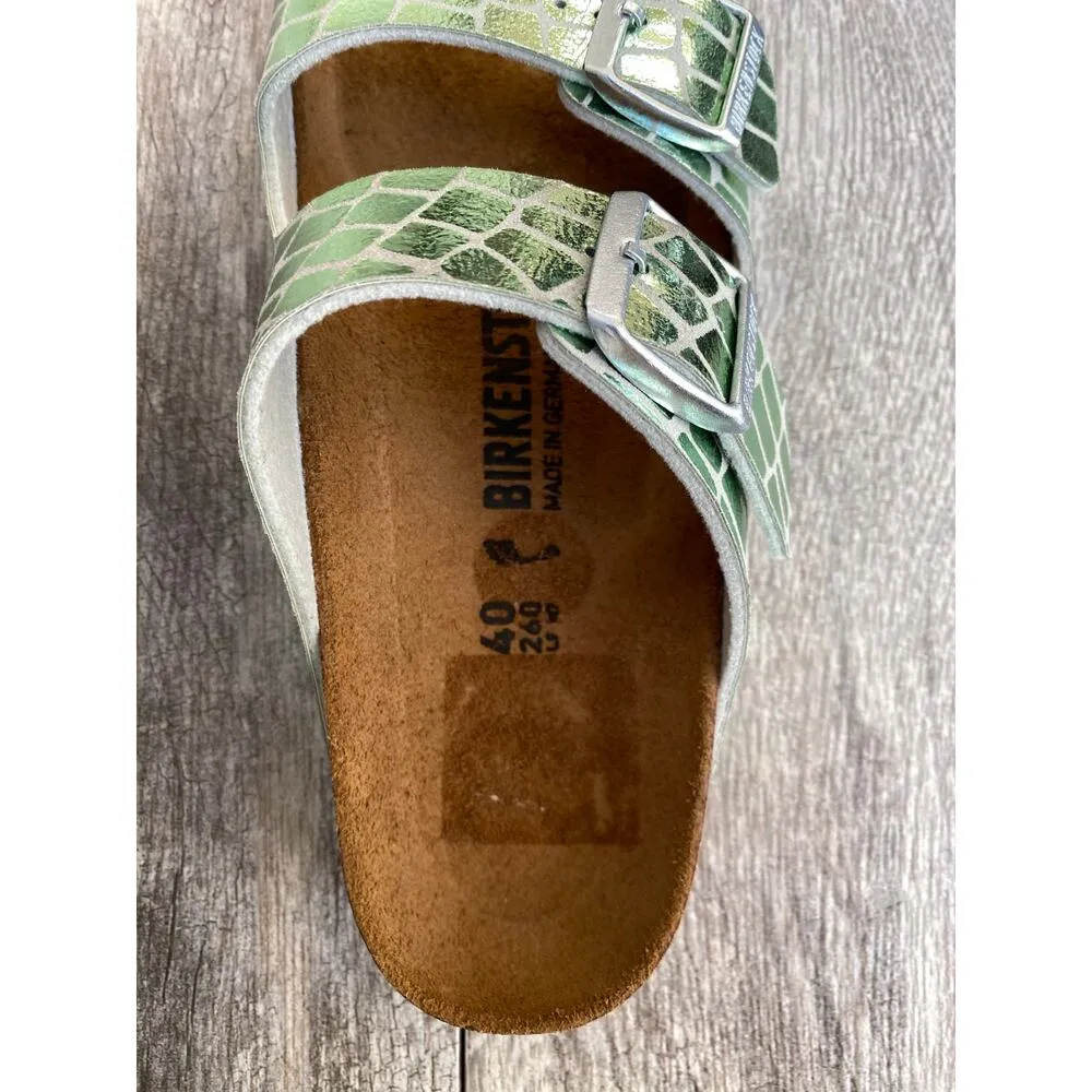 Birkenstock Arizona Women’s Sandals 9 Metallic Green Croc Print Slip-On Slides - Image 3