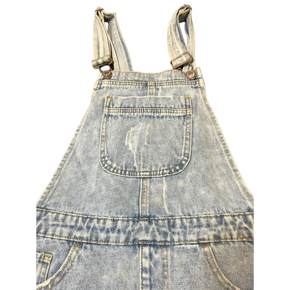 Forever 21 Los Angelas Light Blue Denim Overall Jumper Distressing Adj Straps Sz - Image 2