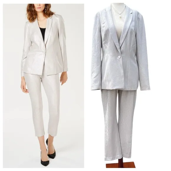 I.N.C Womens Silver Foil Crepe Blazer and Cropped Pant suit Size 2 - Image 2