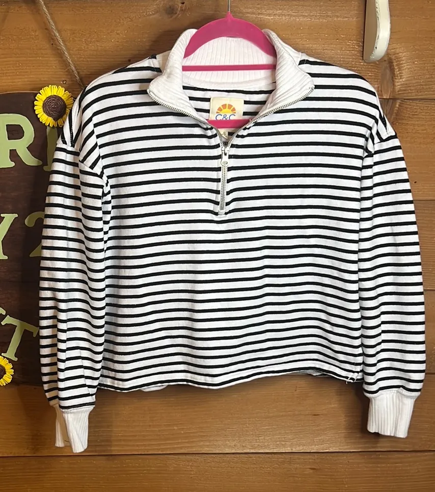 C&C California Stripe Crop 1/2 Zip Nautical Fisherman Knit Sweatshirt Pullover - Image 1